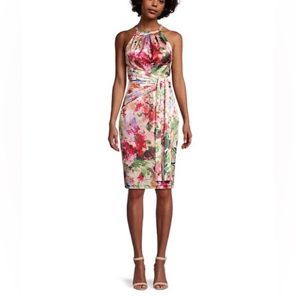 Eliza J Floral Halter Sheath Dress Pleated Draped Garden Wedding Guest Cocktail